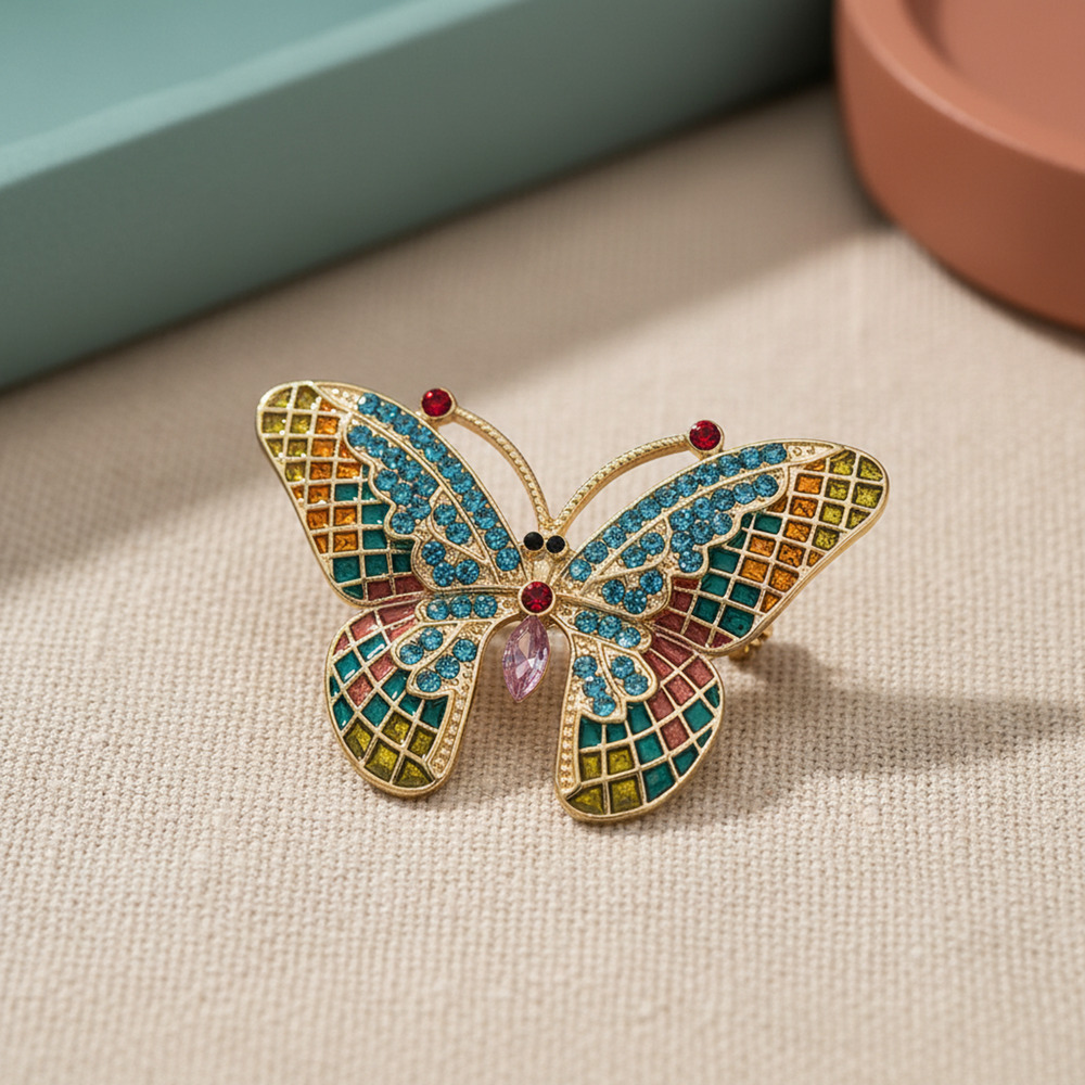 Vintage Style Gold Tone Colorful Mosiac & Rhinestone Butterfly Costume Brooch
